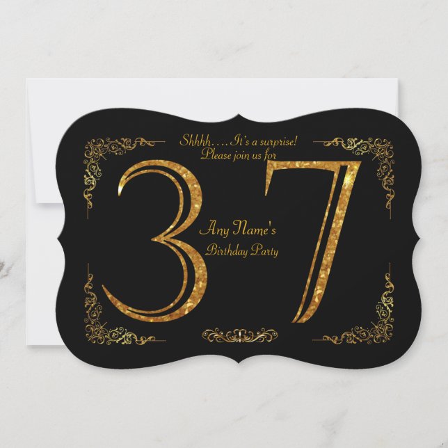 Invitation 37e,Fête d'anniversaire 37e,grand Gatsby,noir & or (Devant)