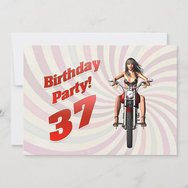 Invitation 37ème anniversaire avec une fille sur une moto (Devant)