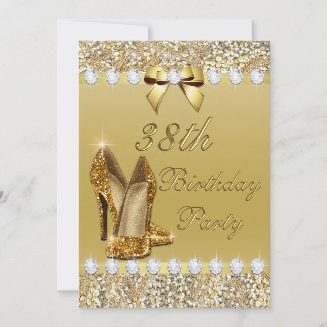 Invitation 38e anniversaire Classy Gold Heels Sequins Diamond (Devant)