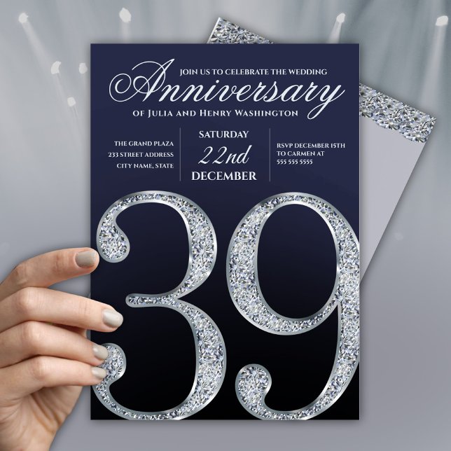 Invitation 39e Anniversaire Diamant Argent Bleu Marine (Créateur téléchargé)