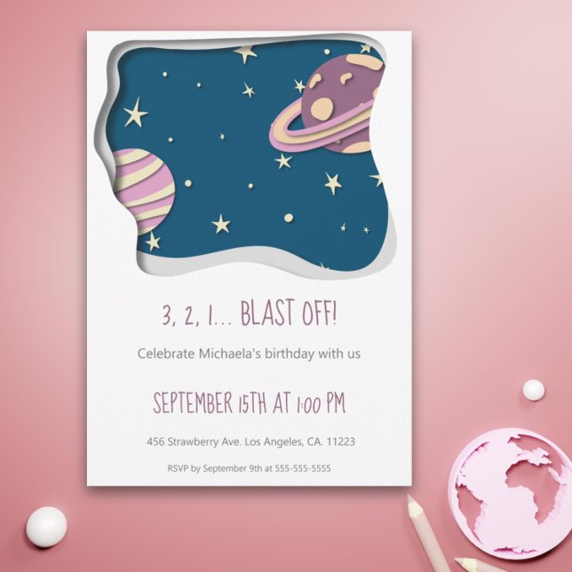 Invitation 3 2 1 Feu De Galaxie Thème Fille Premier Anniversa (Blast off pink and purple galaxy space girl first birthday invitation)
