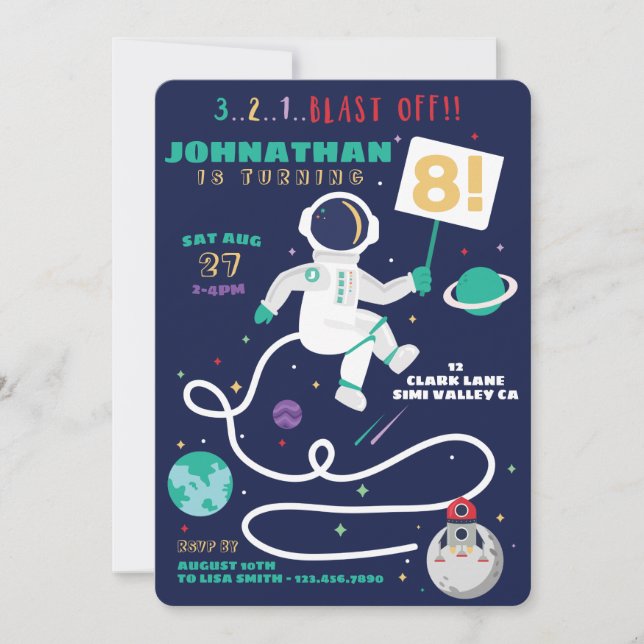 Invitation 3 2 1 Feu De L'Anniversaire Astronaut Thème Spatia (Devant)