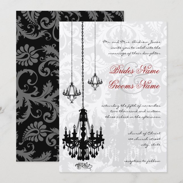 Invitation 3 Chandeliers noirs Ombre Mariage damassé I (Devant / Derrière)