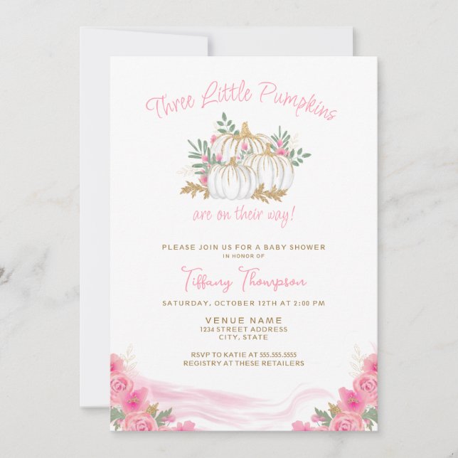 Invitation 3 Citrouilles en chemin Automne fille Triplets Bab (Devant)