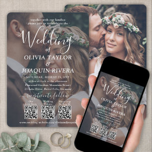 Invitation 3 codes QR Tout en un moderne 2 photo Mariage blan