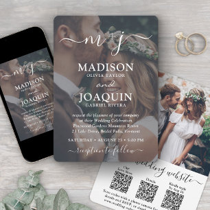 Invitation 3 codes QR Tout-en-un Monogrammé Photo Mariage