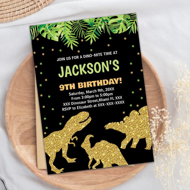 Invitation 3 Dino Parties scintillant noire Dinosaur Invitati (3 Dino Black Glitter Dinosaur Birthday Invitations)