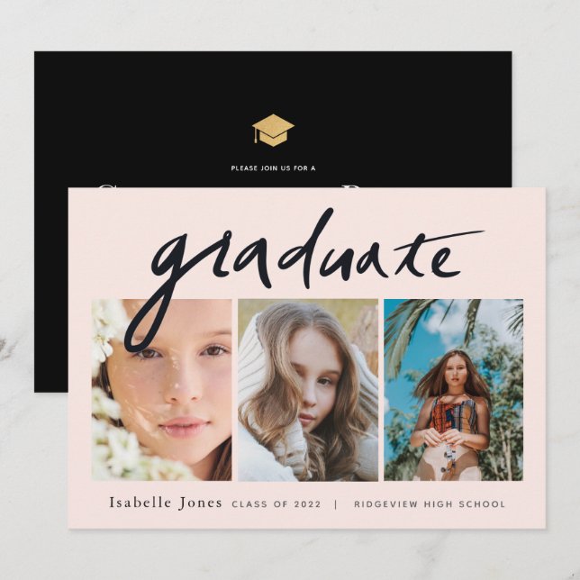 Invitation 3 Diplôme manuscrit de script rose photo (Devant / Derrière)