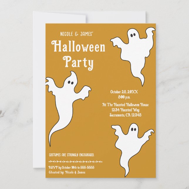 Invitation 3 Fantômes Fête d'Halloween Orange Blanc Fantaisis (Devant)