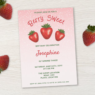 Invitation 3 Fraises Rouges Sur un Anniversaire Sucré Rose