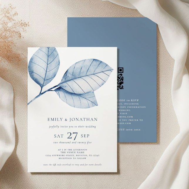 Invitation 3 grande aquarelle Dusty Feuilles QR Mariage (Front and back view)