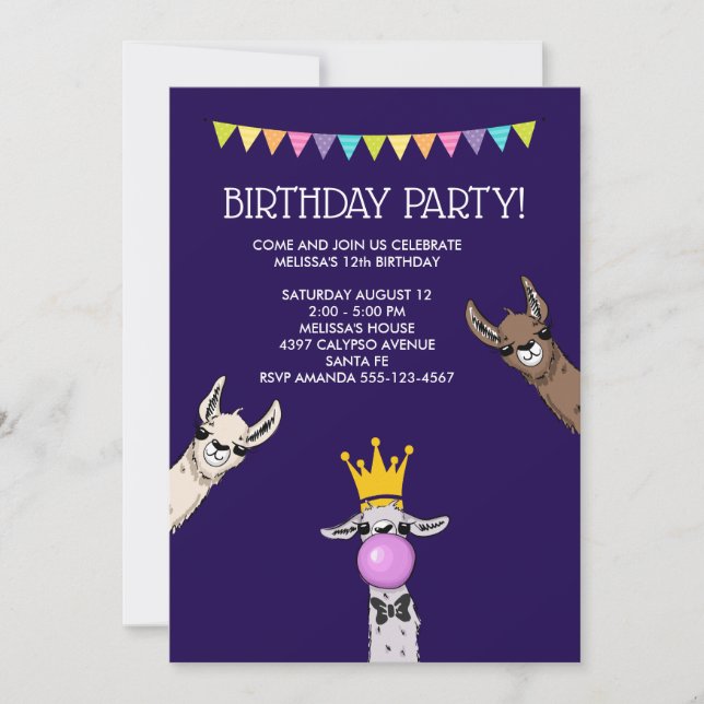 Invitation 3 jolis visages de lama illustration fête d'annive (Devant)
