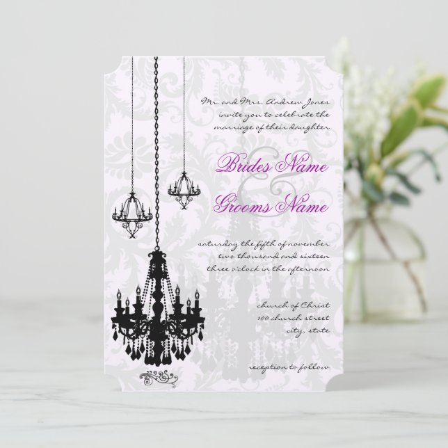 Invitation 3 lustres noirs Mariage damassé victorienne (Debout devant)