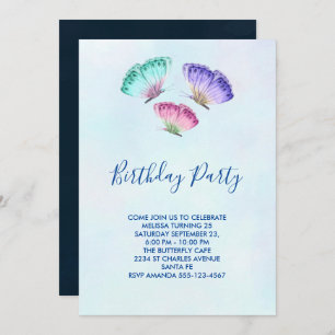 Invitation 3 Papillons couleur pastel Aquarelle Anniversaire