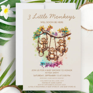 Invitation 3 Petits singes Triplet Baby shower