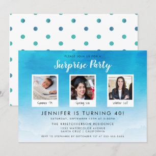 Invitation 3 Photo Bleu Aquarelle Élégante Surprise Party