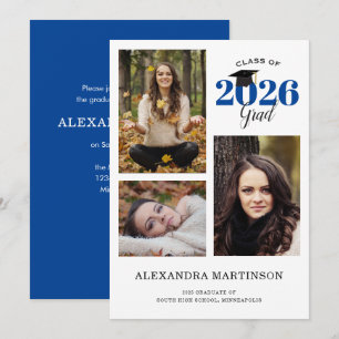 Invitation 3 Photo Collage Blue Graduation