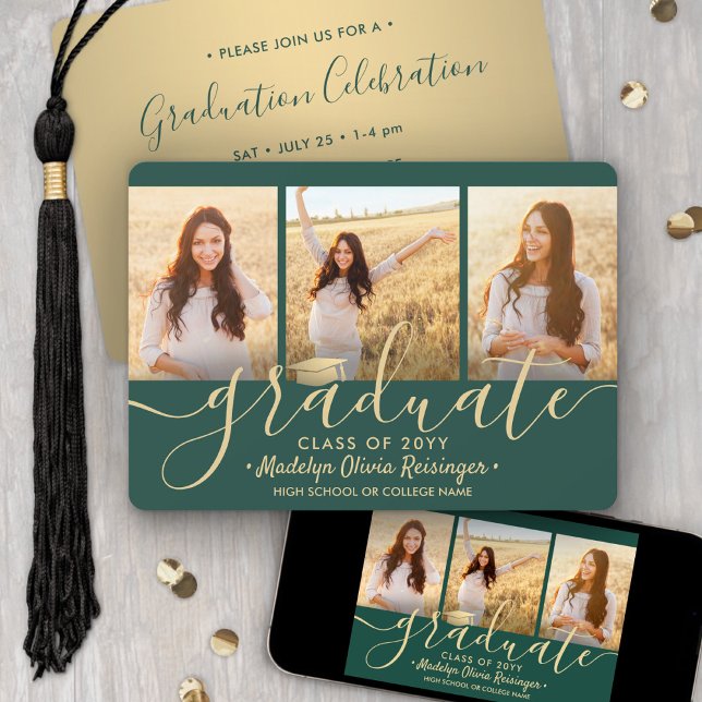 Invitation 3 Photo Collage Script Green Gold Graduation Party (Créateur téléchargé)