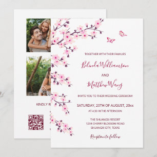 Invitation 3 Photos Mariage Fleurs de Cerisier Roses et Bla