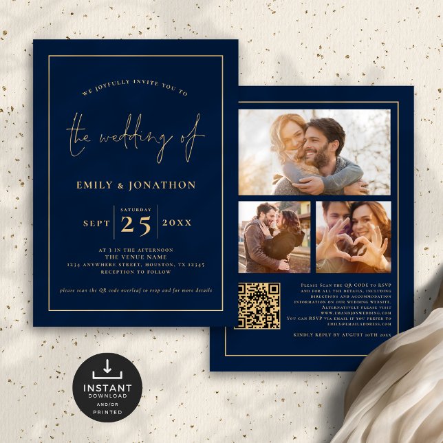 Invitation 3 Photos Script Line QR Code Marine Gold Mariage (Front and back)