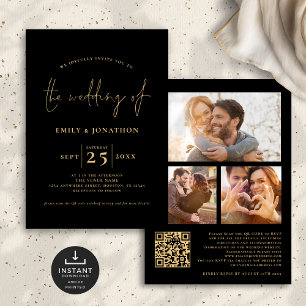 Invitation 3 Photos Script QR Code Black Gold Mariage