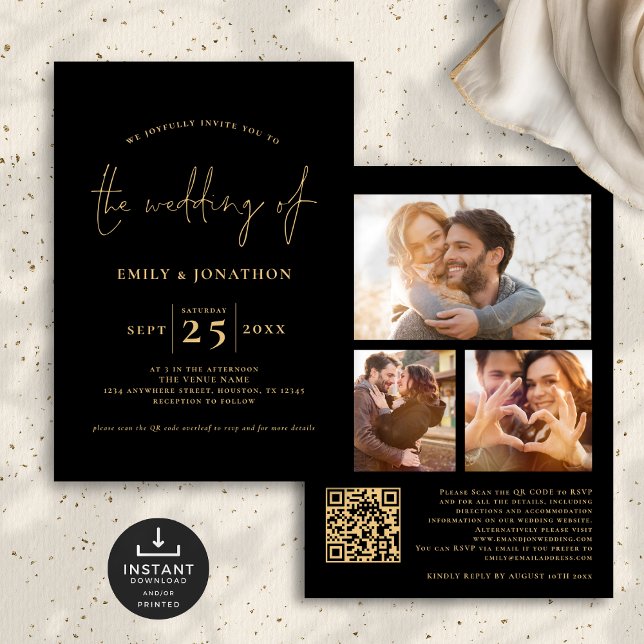 Invitation 3 Photos Script QR Code Black Gold Mariage (Front and back view)