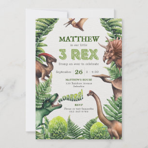 Invitation 3-Rex Aquarelle T-Rex & Dinosaures Anniversaire En