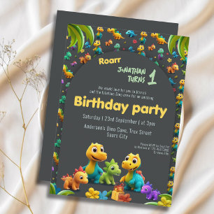Invitation 3d Dino mignon équipe dinosaure 1er anniversaire I