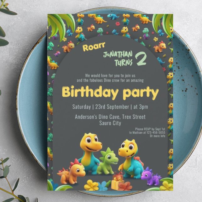 Invitation 3d Dino mignon équipe dinosaure 2e anniversaire In (Créateur téléchargé)