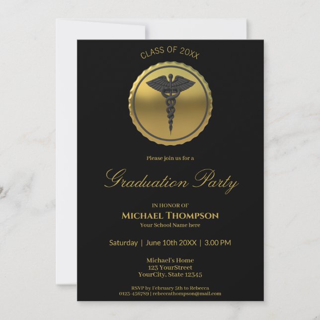 Invitation 3D Gold Medical Caduceus Emblem Graduation (Devant)
