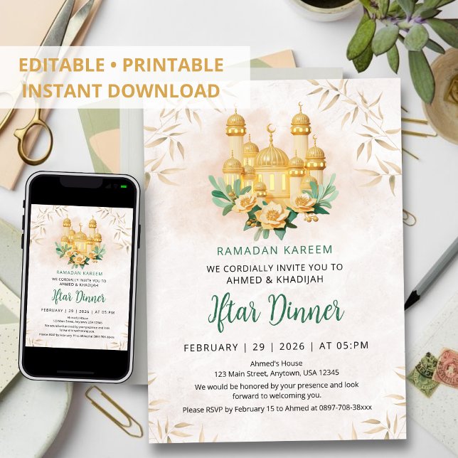 Invitation 3D Gold Mosque and Floral Ramadan Iftar Dinner (Créateur téléchargé)