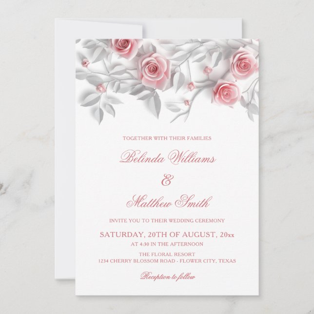 Invitation  3D Roses Simple White Floral Wedding (Devant)