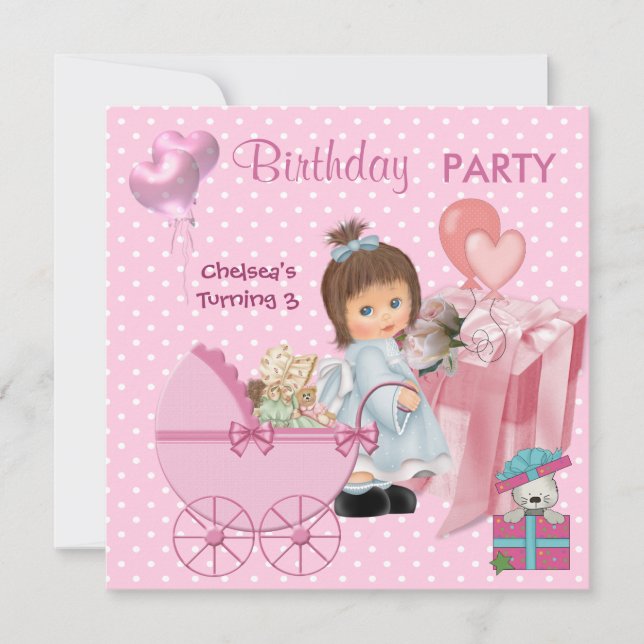 Invitation 3e anniversaire 3 parties Coeurs roses mignons Fil (Devant)
