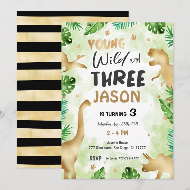 Invitation 3e anniversaire, anniversaire de Dinosaur (Devant / Derrière)