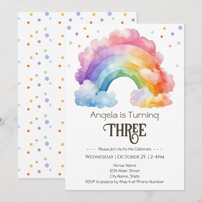 Invitation 3e anniversaire aquarelle Rainbow Kids (Devant / Derrière)