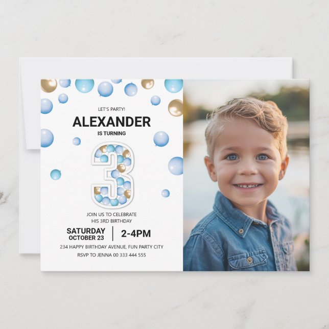 Invitation 3e anniversaire Boy Party Photo Blue Gold Balloon (Devant)
