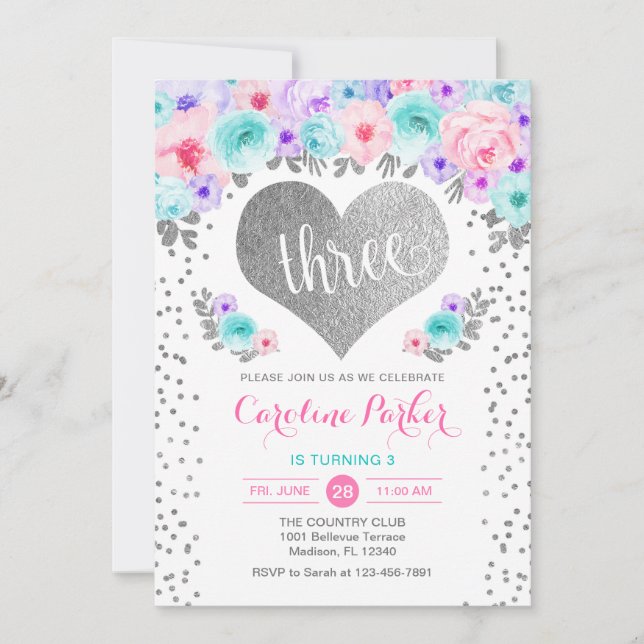 Invitation 3e anniversaire - Coeur d'argent Turquoise rose po (Devant)
