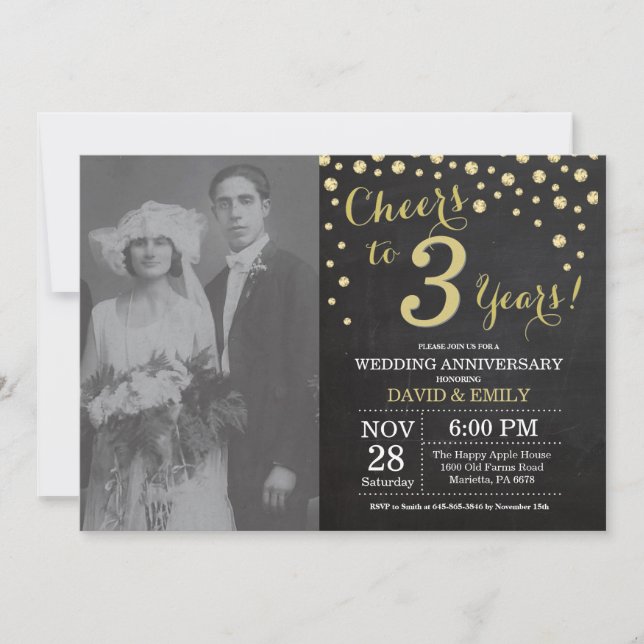 Invitation 3e anniversaire de mariage tableau noir et or (Devant)