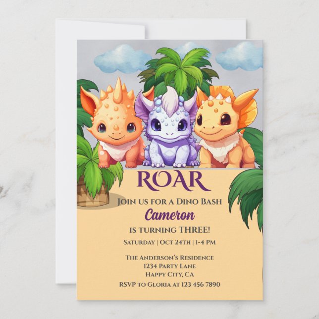 Invitation 3e anniversaire Dinosaur Party a Dino Bash (Devant)