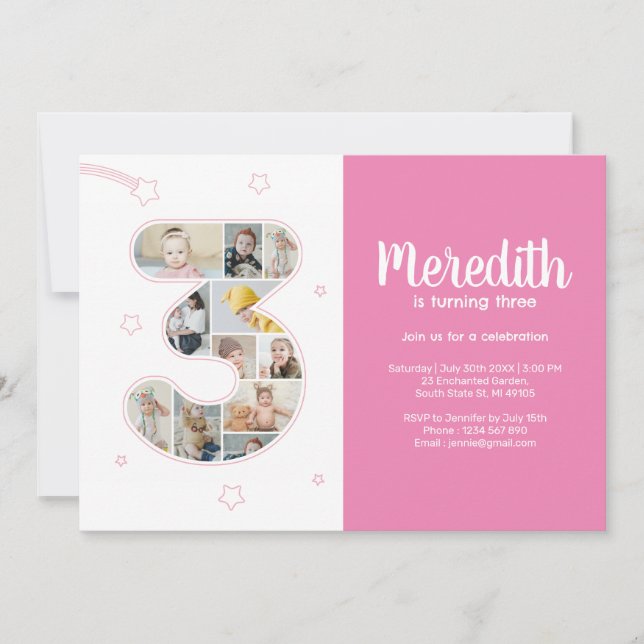 Invitation 3e anniversaire fille numéro 3 photo personnalisée (Devant)