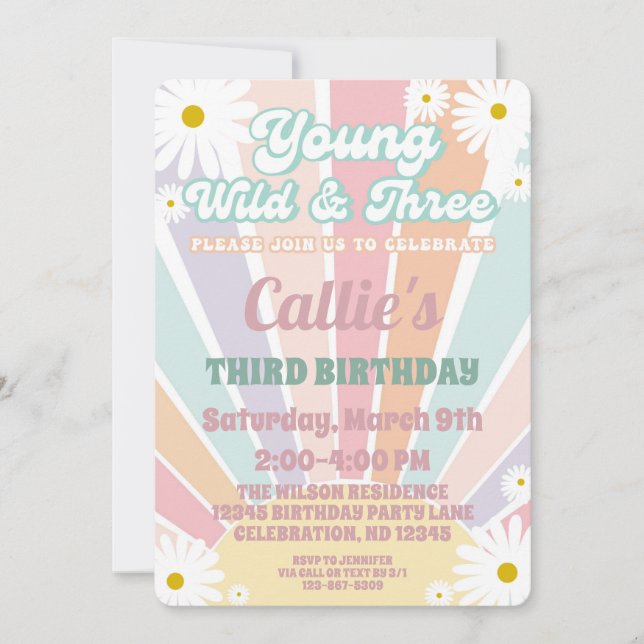 Invitation 3e anniversaire Girl Retro Hippy Sun Daisy Invitat (Devant)