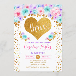 Invitation 3e anniversaire - Gold Heart Turquoise violet rose
