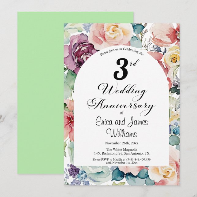 Invitation 3e anniversaire Mariage Élégant script floral (Devant / Derrière)