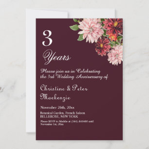 Invitation 3e anniversaire Mariage en cuir Bourgogne Floral