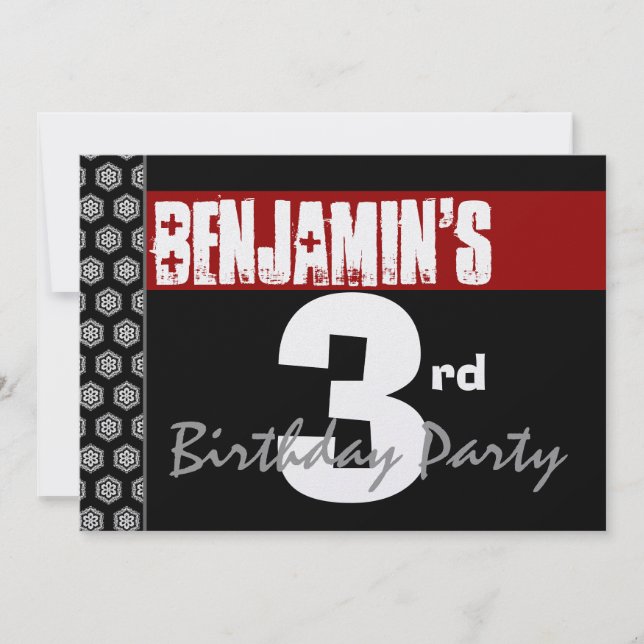 Invitation 3e anniversaire moderne pour lui Rouge Blanc Noir  (Devant)