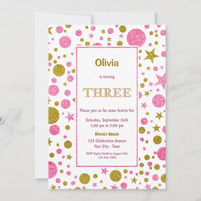 Invitation 3e anniversaire Parties scintillant rose et or (Devant)