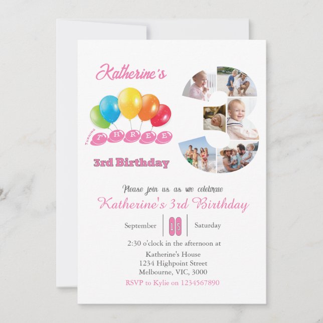 Invitation 3e anniversaire photo collage numéro 3 Fille (Devant)
