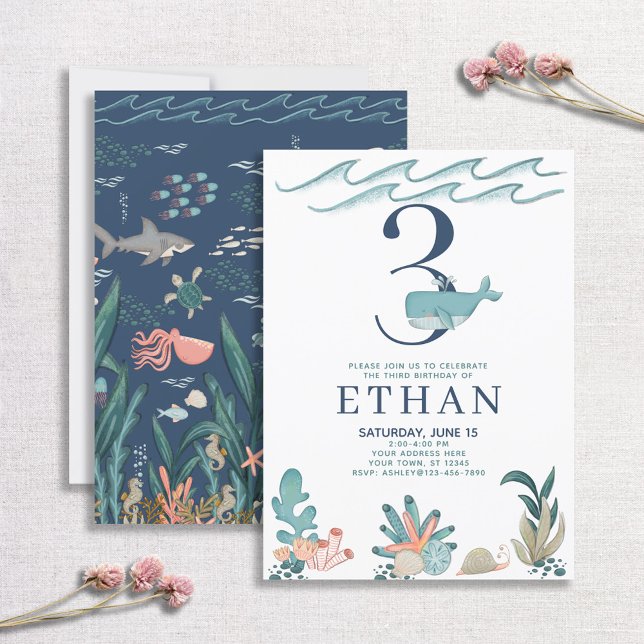 Invitation 3e anniversaire sous la mer Watercolor Whale (Créateur téléchargé)