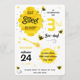 Invitation 3e BEEday Honey Bee Yellow Troisième fête d'annive