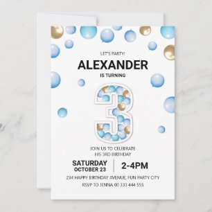 Invitation 3e fête d'anniversaire, Blue and Gold Balloon Boy